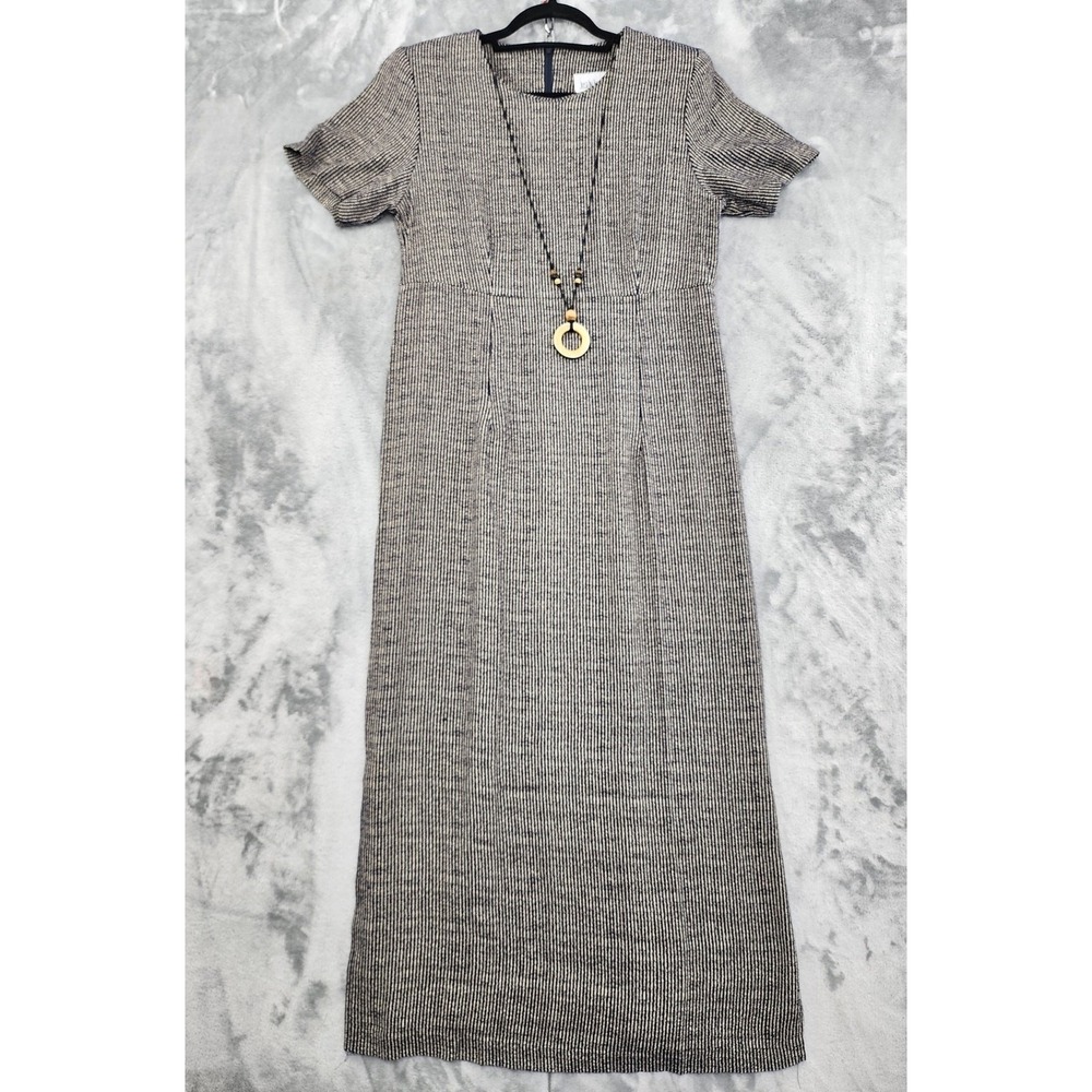 Vintage Just In Thyme Dress Womens 8 Blue Beige Striped MaxiWood Bead Necklace
